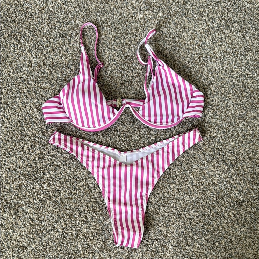 Pink and White Striped Underwire Bikini Set Size L